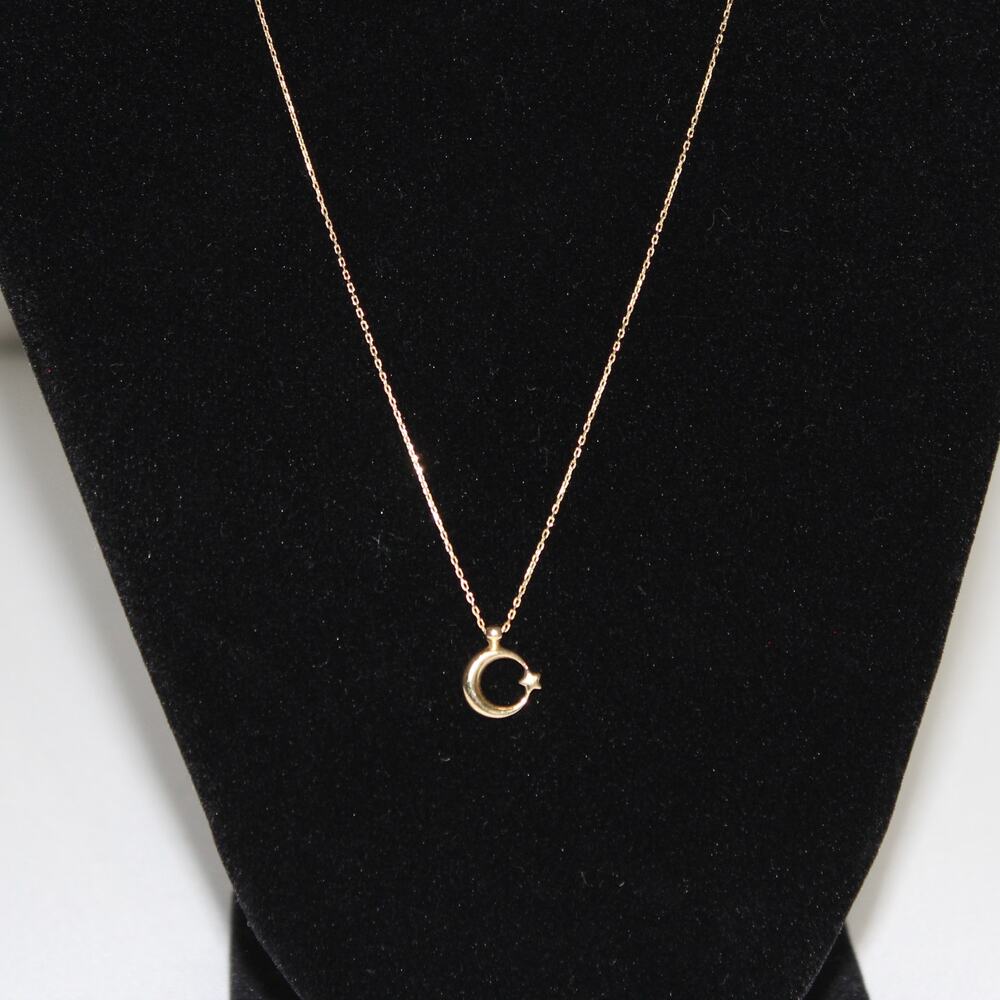 Moon & Star Turkish Flag Ay Yildiz 14k Gold Necklace 585 Yellow Gold 1.56 Grams View 4